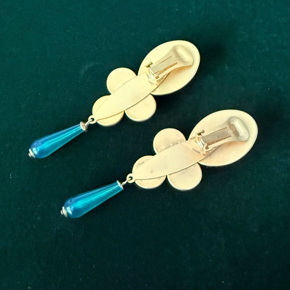 Vintage 80s Acrylic Matte Gold Dangle Cabochon Clip on Earrings Multicolor Drop - Picture 7 of 12